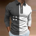 Close-up of the long sleeve polo shirt showing zip collar and grey geometric print - S / Tops / Dark Grey and White Irregular Vertical Patchwork Geometric Print (CXLLPS-101(4))