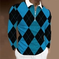 Detail of blue and black argyle pattern on long sleeve polo shirt with zipper neck - S / Tops / Blue and Black Argyle Splicing Style (CXLLPS-117)