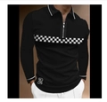Polo homme noir à manches longues avec fermeture éclair, motif damier et imprimé chiffre - S / Hauts / Damier Noir (PLLC-08)