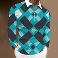 Detail of men's polo with blue and grey geometric plaid pattern and silver zipper - S / Tops / Teal Gray Blue Geometric Plaid Splicing Style (CXLLPS-118)