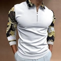 Detail of men's polo shirt featuring gold baroque print on black collar and sleeves - S / Tops / White Gold Baroque Style Print (CXLLPS-101(6))