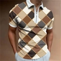 Detail of men's polo shirt featuring a zip collar and brown argyle chain pattern - S / Tops / Diamond Chain Print (PSLL169)