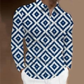 Detail of men's polo shirt featuring blue geometric diamond 3D patterns and zipper collar - S / Tops / Blue and White All-over Geometric Diamond Style (CXLLPS-119)