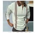 Polo homme blanc à manches longues avec rayures verticales brunes et col zippé - S / Hauts / Rayé Blanc Marron (PLLC-13)