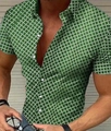 Men's slim fit short sleeve shirt featuring a green and white checkered plaid pattern - S / Tops / Green and White Plaid (Light Green)