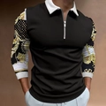 Close-up of luxury gold Baroque floral print sleeves and silver zipper on black polo shirt - S / Tops / Black Gold Baroque Print Sleeve Style (CXLLPS-101(7))