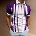 Paars gestreept poloshirt voor heren met ritssluiting en korte raglanmouwen - S / Paars en Wit Patchwork Verticale Strepen (PSLL-204(33))
