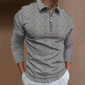 Detail of men's polo shirt featuring black and white 3D geometric patterns and half-zip collar - S / Tops / Black and White Interwoven Geometric Style (CXLLPS-120)
