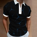 Close-up of modern men's black polo shirt with zipper and blue geometric pattern - S / Tops / Blue Geometric Radial Lines (PSLL171)