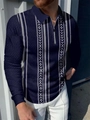 Polo manches longues bleu marine pour homme avec imprimé 3D blanc et col zippé - S / Hauts / Bleu Marine Imprimé Géométrique (PLLC-21)