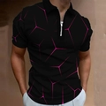 Detailed view of the zipper neckline and 3D pink geometric cube print on men's black polo shirt - S / Tops / Black Pink Geometric Cube (PSLL172)