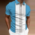 Detail of men's polo shirt featuring blue white panels and grey vertical stripes with zipper - S / Blue White Patchwork Gray Vertical Stripes (PSLL-204(41))