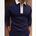 Polo homme à manches longues bleu marine avec col blanc et détail demi-fermeture - S / Hauts / Bleu marine (PLLC-24)