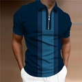 Close-up of men's navy blue polo shirt with blue striped design and metal zipper - S / Dark Blue Sky Blue Color Block Geometric Stripes (PSLL-204(43))
