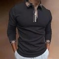 Polo homme noir à manches longues coupe ajustée avec col à carreaux et fermeture éclair - S / Hauts / Patchwork à carreaux (PLLC-25)