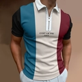 Detail of men's polo shirt featuring a three-color block design and a zip neckline - S / Tops / Red White and Blue Splicing (PSLL185)