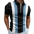 Detail of men's slim fit polo shirt featuring vertical stripes and metal zipper neckline - S / Black Blue White Wide Vertical Stripes (PSLL-204(47))