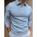 Polo à manches longues bleu clair pour hommes avec imprimé 3D, zip et rayures blanches - S / Hauts / Rayures bleu clair (PLLC-22-6)