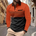 Men's long sleeve polo shirt with orange black color block stripes and polo collar - S / Orange
