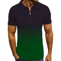 Detail of men's polo shirt featuring a purple to green gradient and metal zipper neckline - S / Tops / Deep Purple to Dark Green Gradient (PSLL189)