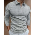 Polo à manches longues pour hommes gris clair avec rayures verticales et fermeture éclair - S / Hauts / Rayures verticales gris clair (PLLC-22-3)