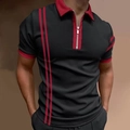 Close-up of men's polo shirt featuring a red zipper collar and striped sleeve detail - S / Tops / Black and Red Color Block (PSLL194)