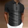 Close-up of men's black polo shirt featuring grey vertical stripes and silver zipper collar - S / Black Gray Vertical Wide Stripes (PSLL-204(54))