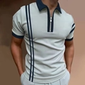 Detail of slim fit men's polo shirt with zipper neckline and blue stripe accents - S / Tops / Mint Green and Deep Blue Striped (PSLL198)