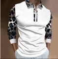 Polo décontracté blanc à manches longues pour homme avec imprimé léopard et fermeture éclair - S / Hauts / Patchwork Léopard (01)