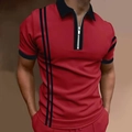 Detail of red men's polo shirt featuring silver zipper closure and black stripe accents - S / Tops / Red and Black Stripe Splicing (PSLL200)