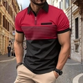 Détail d'un polo rouge et noir montrant le col zippé et le motif à rayures sur la poitrine - S / Rouge