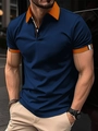 Detailed view of navy blue polo shirt with orange collar trim and three-button placket - S / Navy Blue