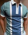 Men's slim fit short sleeve polo shirt with blue vertical stripes and zipper collar - 4XL / Tops / Cyan and Blue Patchwork Stripe Style (PLLD-195)