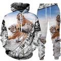 Detailansicht des 3D-Tiger-Print Kapuzenpullovers und der Jogginghose für Herren mit Kordelzug - M / Blau Weiß Gradient Tiger Landschaft (20)