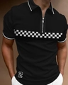 Men's black zip polo shirt with checkerboard stripe and number 2 print on the chest - 4XL / Tops / Black Checkerboard Number 2 Style (PLLD-196)