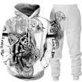 Detailansicht von 3D-Tigerdruck und Love Tiger Text auf weißem Hoodie und Hose Set - M / Schwarz Weiß Realistischer Tiger (96)