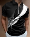 Men's casual black zip Polo shirt featuring grey and white 3D streamline dynamic print - 4XL / Tops / Black Abstract Streamline Style (PLLD-200)