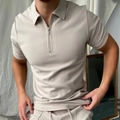 Men's slim fit short sleeve polo shirt in beige with stylish zipper collar detail - 4XL / Tops / Light Khaki Solid Color Style (PLLD-205)