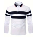 Men's long sleeve polo shirt with white base and navy blue striped pattern detailing - S / White