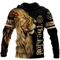 Close-up of realistic 3D lion print and The King text on black drawstring hoodie - S / Tops / Lion Style (HD-WYTZ-06)