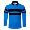 Detail of long-sleeved polo shirt showing black collar and blue striped pattern design - S / Blue