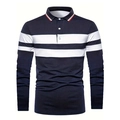 Detail of navy and white striped long sleeve Polo shirt with red contrast collar trim - S / Navy Blue