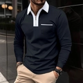 Men's navy long sleeve polo shirt with white zipper collar and contrast chest pocket - S / Navy Blue with White