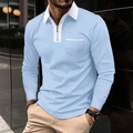Detail of light blue long sleeve polo shirt with white collar zipper and chest pocket - S / Light Blue Mixed White