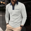 Close-up of beige men's long sleeve polo with navy blue zipper collar and chest pocket - S / Gray with Navy
