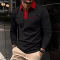 Close-up of contrast zipper neckline and red trimmed pocket on men's black polo shirt - S / Black and Red