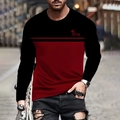 Men's loose crew neck long sleeve T-shirt with King letter print and color block design - S / Red