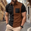 Polo da uomo slim fit con blocchi di colore, zip a un quarto e tasca in marrone e nero - S / Patchwork di Caffè