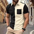 Polo da uomo slim fit con pannelli a contrasto nero e beige e colletto con cerniera - S / Patchwork Albicocca