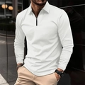 Detail of white long sleeve polo shirt with zipper placket and textured waffle knit fabric - S / White